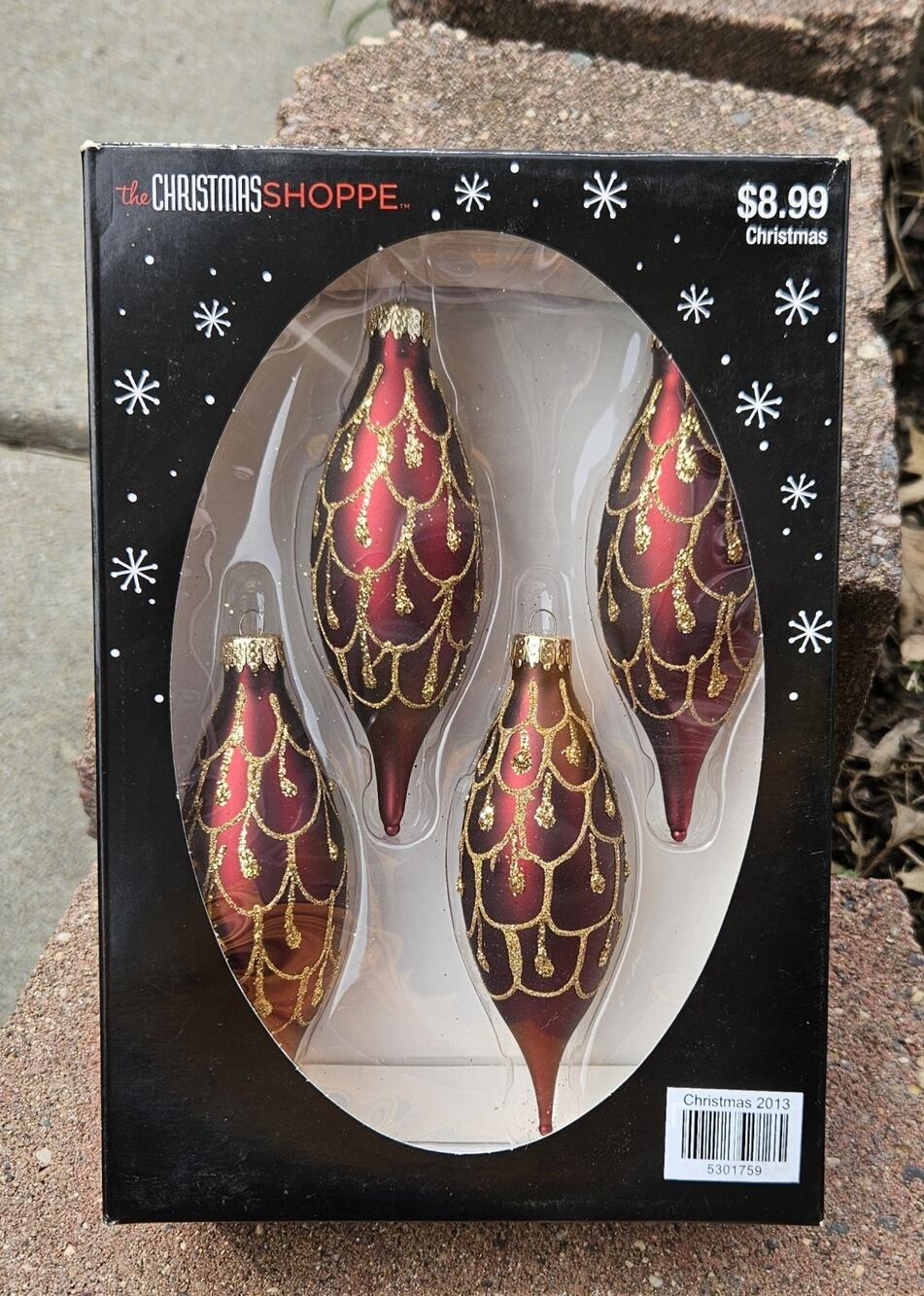 Christmas 5" Teardrop Glass Red & Glitter 'The Christmas Shoppe' Set Of 4